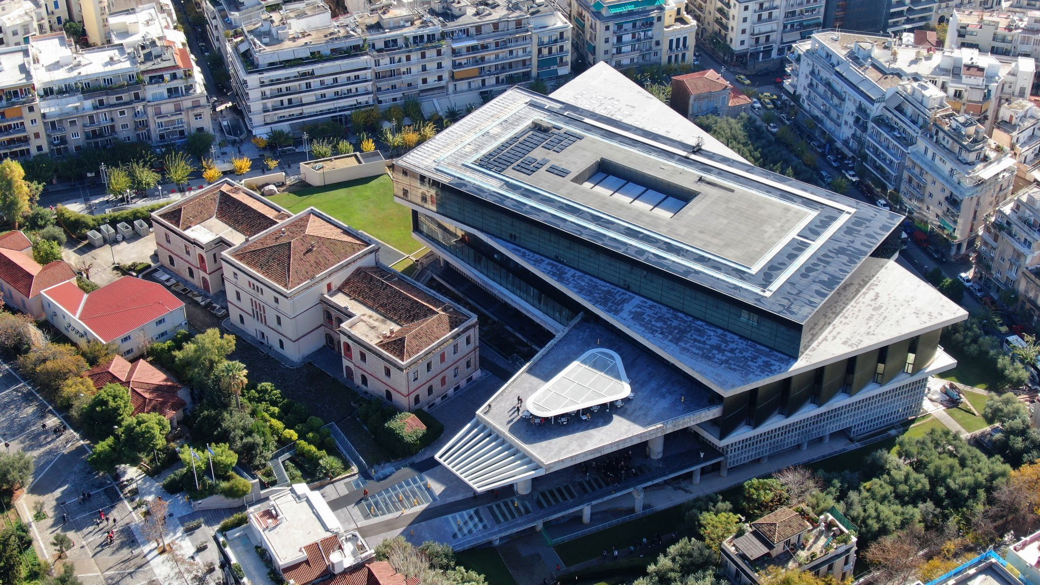 Photo of aerial view of the Acropolis Museum is an archaeological museum focused on the findings of the archaeological site of the Acropolis of Athens in Greece.