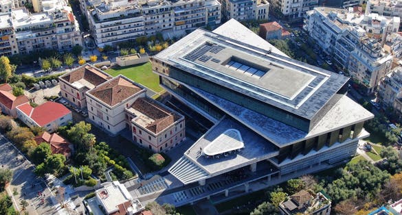 Photo of aerial view of the Acropolis Museum is an archaeological museum focused on the findings of the archaeological site of the Acropolis of Athens in Greece.