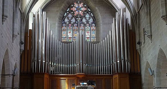 photo of inside the Fraumünster Church. the organ at Fraumünster in Zurich, Switzerland.