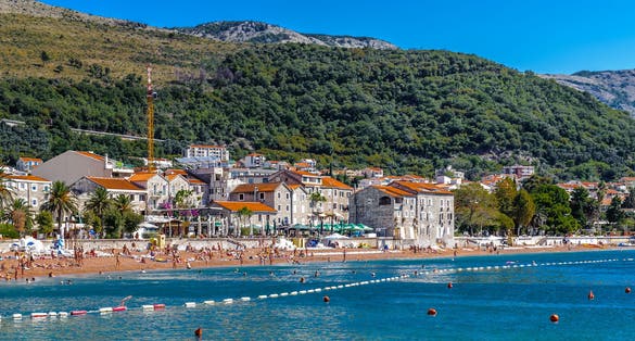 Petrovac beach, a coastal town in Montenegro, within the Budva municipality. Calm resort