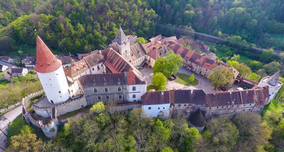 Photo of aerial view of castle Krivoklat in Czech republic.