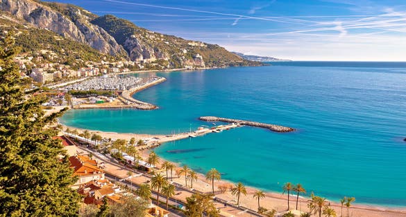 Town of Menton bay and French Italian border on Mediterranean coast view, southern France and Italy