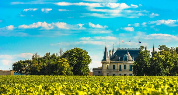 Photo of Chateau and vineyard in Margaux, Bordeaux, France.