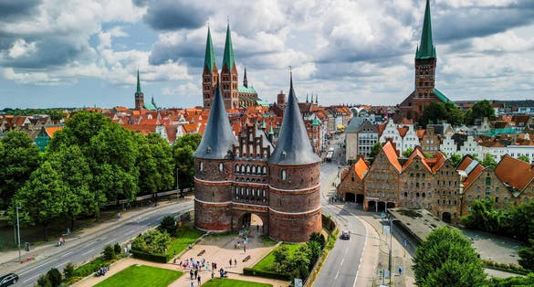 photo of view  of  Aerial view of the Holsten gate on the western edge of Lubeck north Germany