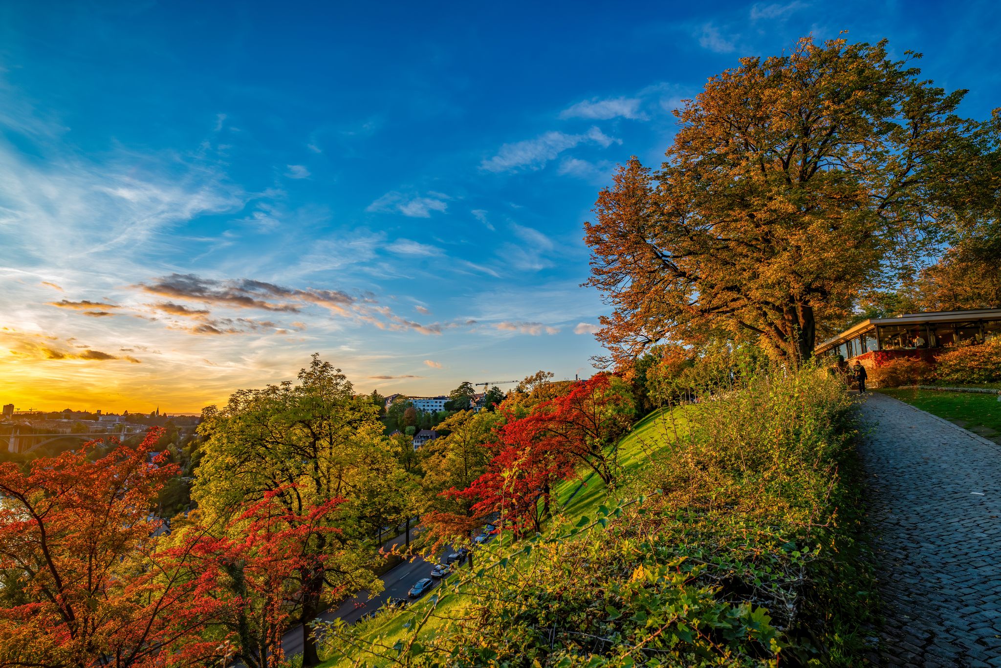 Bern, Switzerland. View of the old city center and Nydeggbrucke bridge over river Aare.