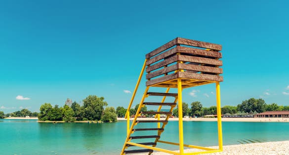 Photo of Lifeguard observation tower on the beach, Jarun lake, Zagreb, Croatia.