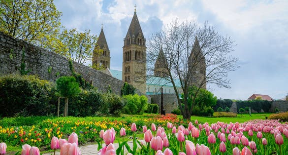 photo of view of Hungary, Pécs city center blooms in April.