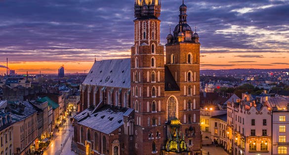 Saint Mary's Basilica located on Main Square in Cracow, Poland.