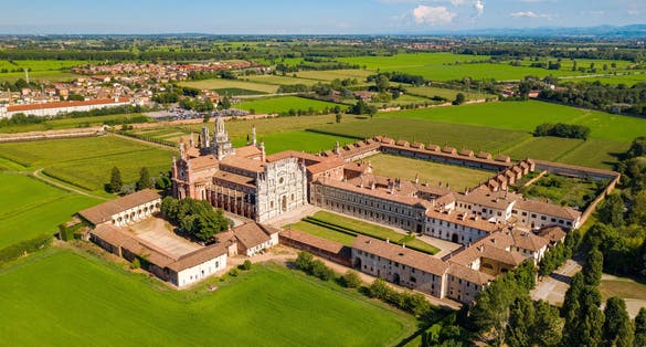 Certosa di Pavia Gra-Car (Gratiarum Carthusia, Monastery of Santa Maria delle Grazie - Sec. XIV), Aerial view