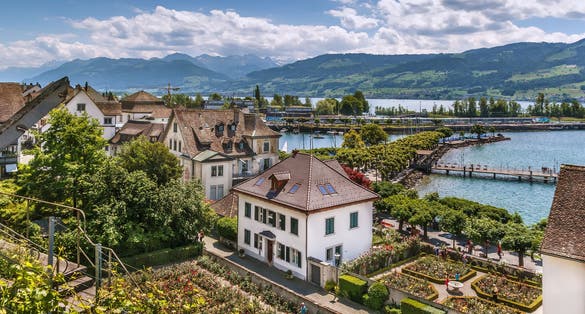 Photo of Rapperswil and zurich lake from the castle walls, Switzerland.