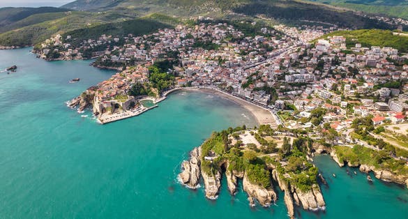 Photo of aerial view of Ulcinj, famous resort town in Montenegro.