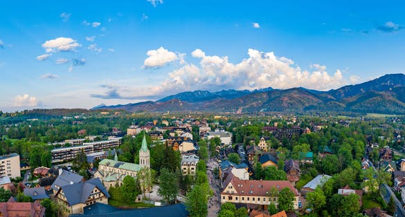 Aerial drone view on Zakopane cite center and Krupowki street.