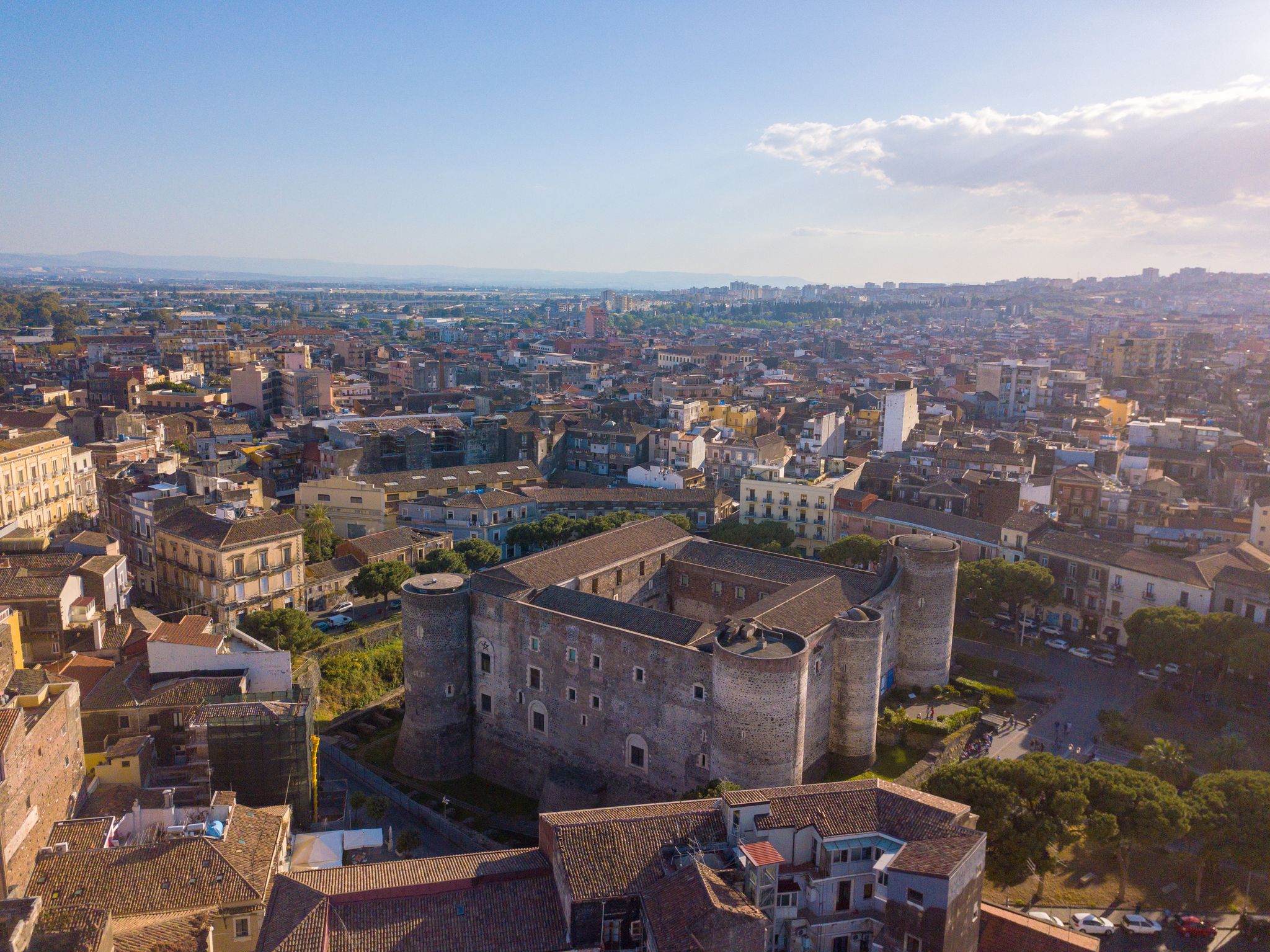 Aerial view of the Civic Museum at the Castello Ursino in Catania, Sicily with the sea on the horizon.