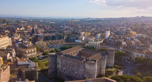 Aerial view of the Civic Museum at the Castello Ursino in Catania, Sicily with the sea on the horizon.
