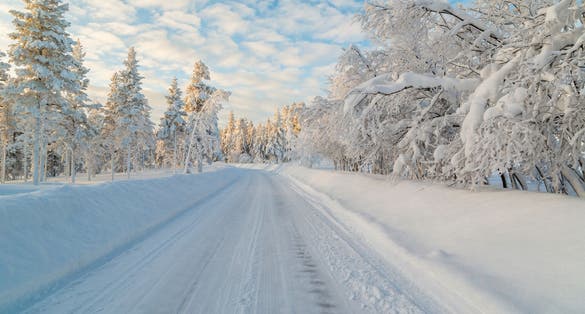 Winter road with snowy trees hanging over it, blue sky with clouds, nice warm light, Gällivare, Swedish Lapland, Sweden