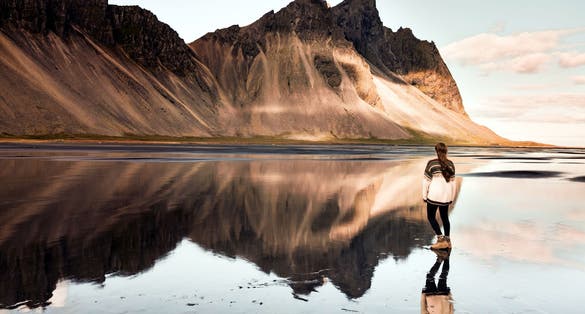 photo of view pf Reflection at Stokksnes, Vestrahorn near Höfn in Iceland.