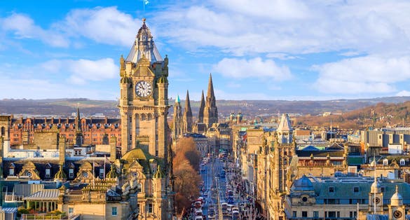 Photo of old town Edinburgh and Edinburgh castle in Scotland UK.
