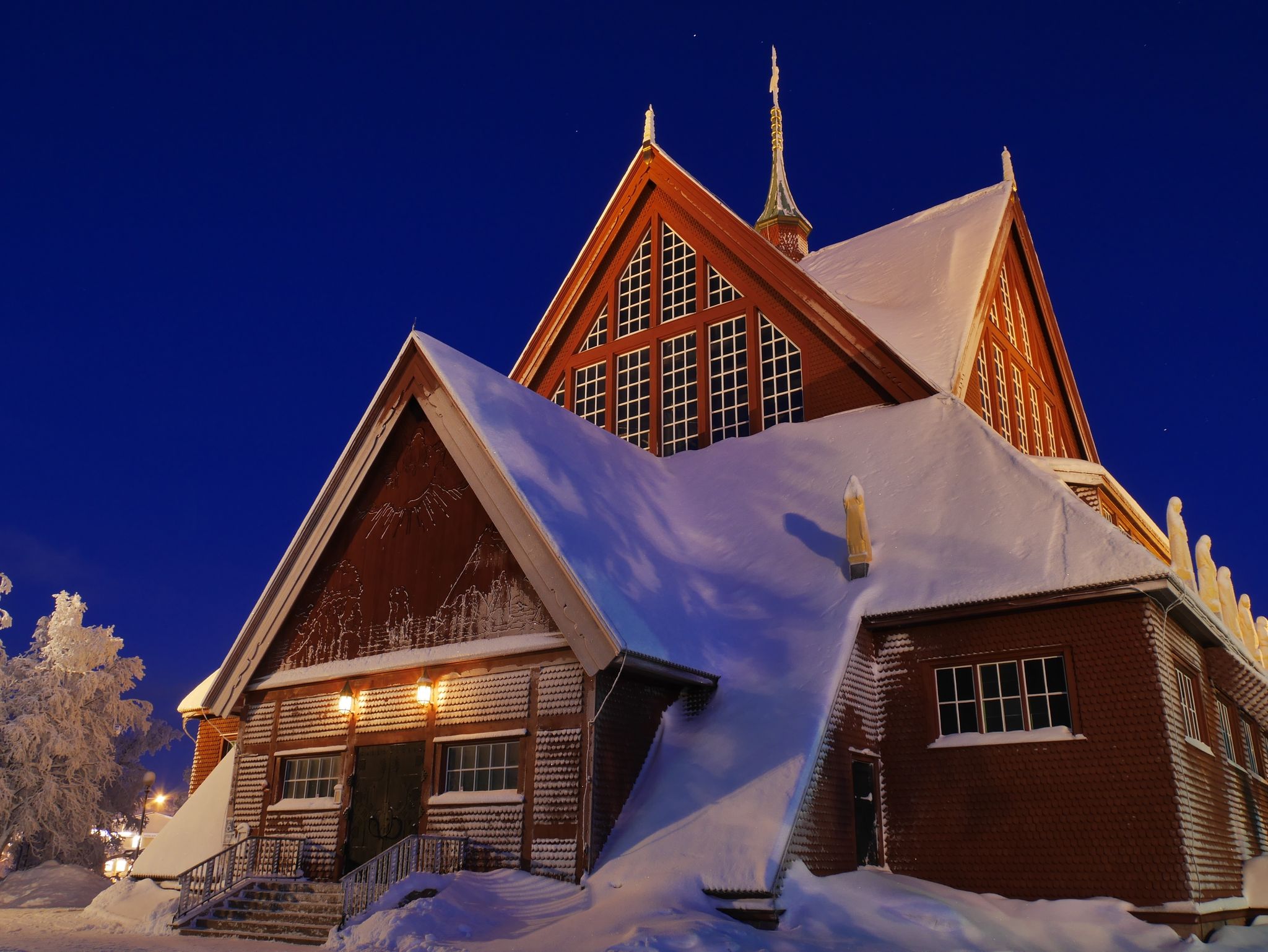 photo of night view of Kiruna Church in Kiruna, Sweden.