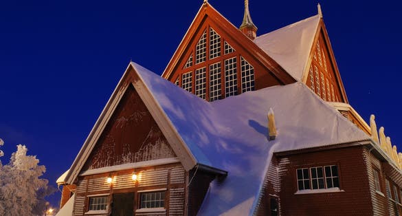 photo of night view of Kiruna Church in Kiruna, Sweden.