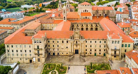 Photo of aerial view of the city main square cathedral of Santiago de Compostela.