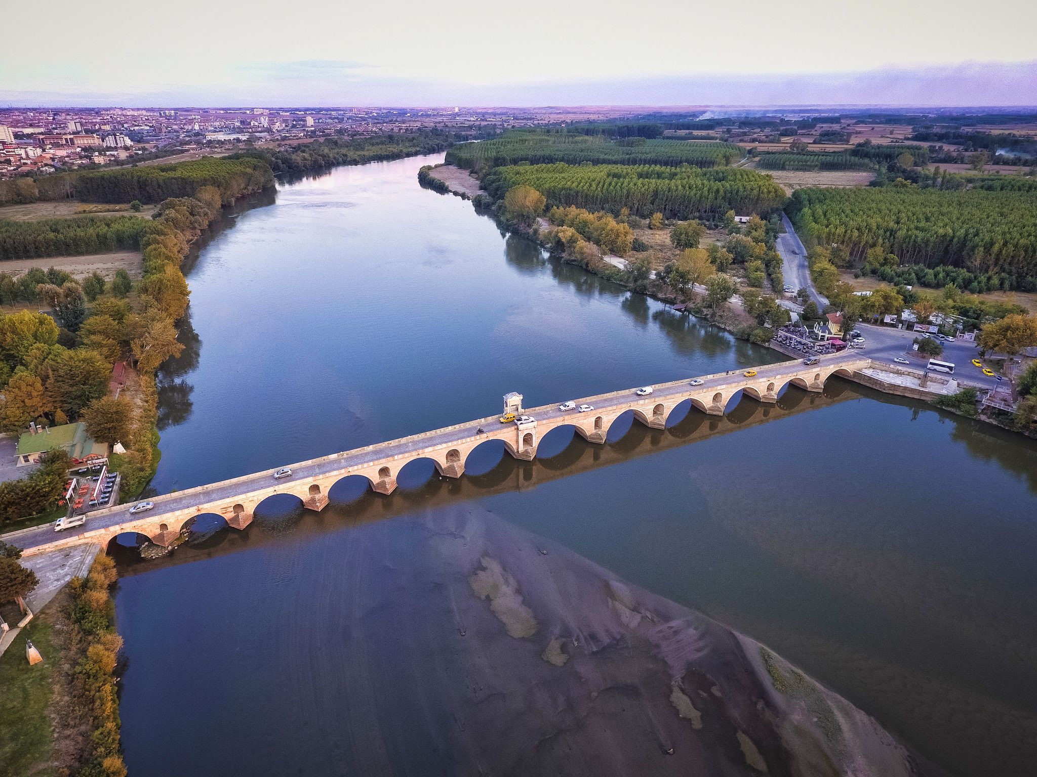 Photo of beautiful bridge above Meric River in Edirne, Turkey.