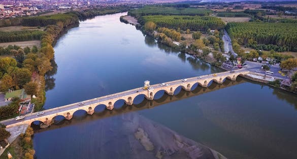 Photo of beautiful bridge above Meric River in Edirne, Turkey.