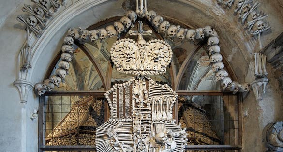 Photo of Schwarzenberg coat-of-arms made with bones in Sedlec ossuary (Kostnice), Kutna Hora, Czech Republic.