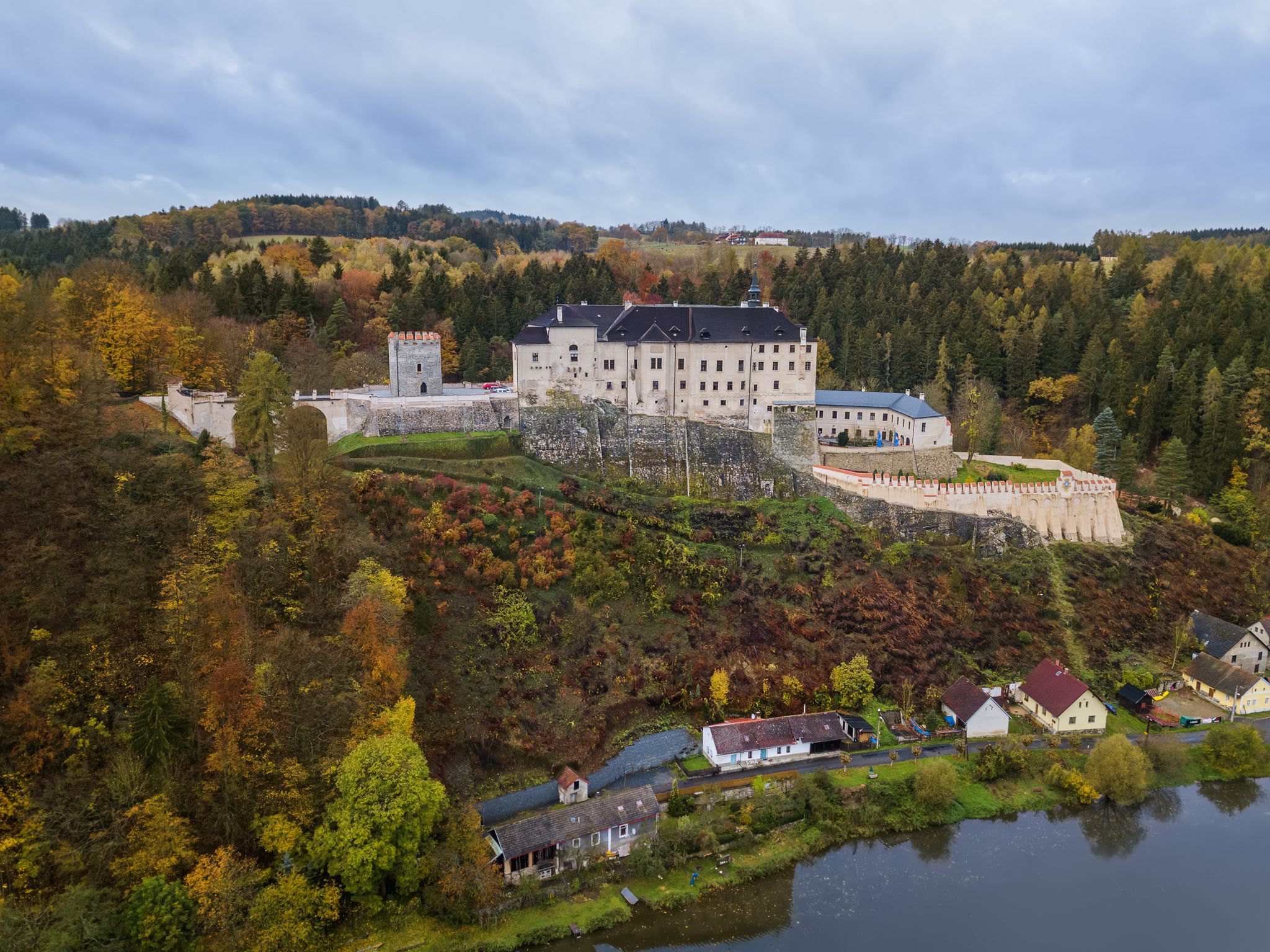 Photo of aerial view of Český Šternberk Castle on top of hill overlooking Czech countryside in Bohemian region, Czech Republic.