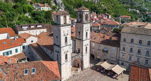 Photo of Aerial view of the Cathedral of Saint Tryphon in the old town of Kotor at the end of the Bay of Kotor on the coast of the Adriatic Sea in Montenegro.