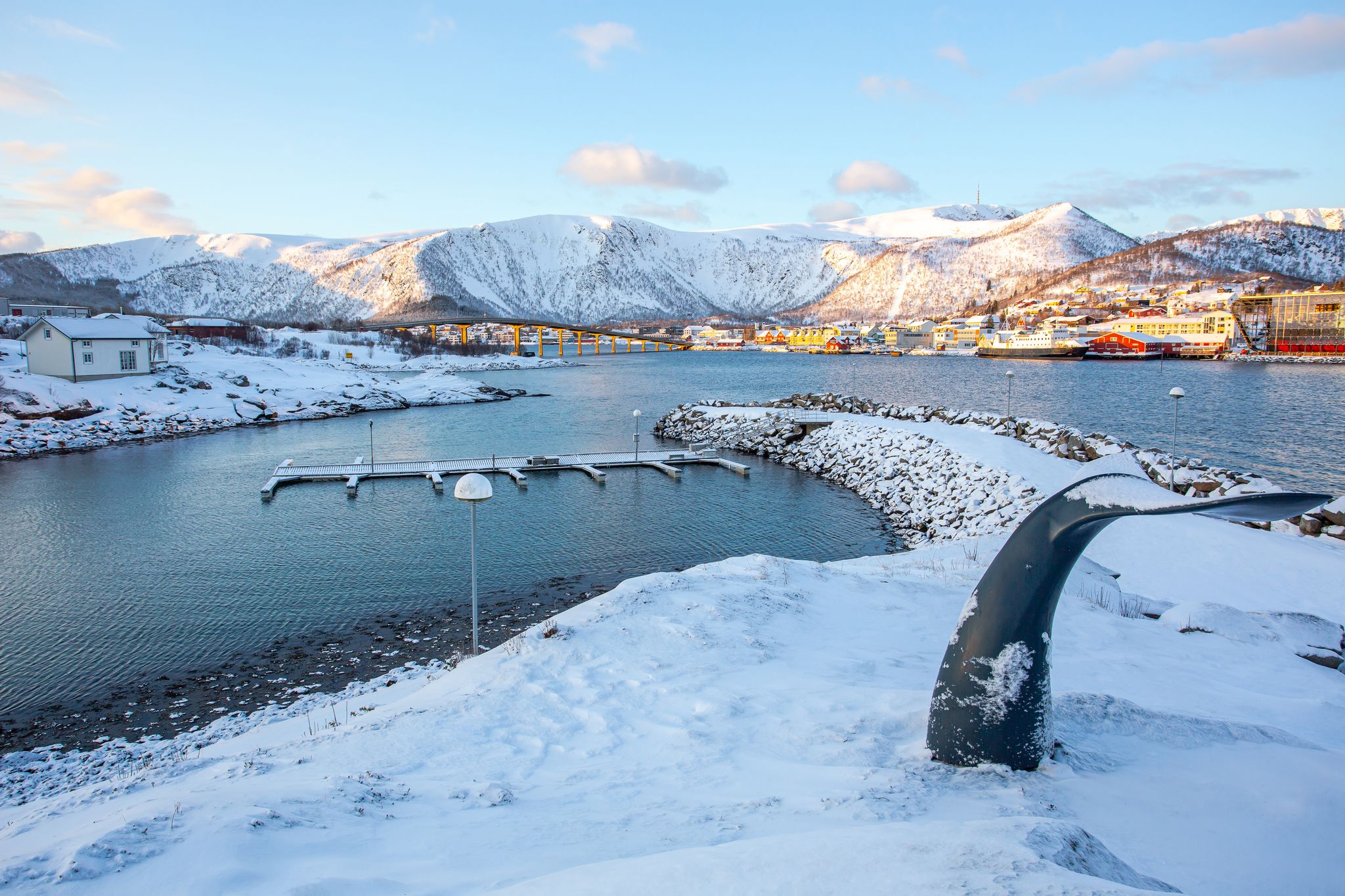 photo of view of Stokmarknes is a town located on the northern coast of Nordland county, Norway. The town is the headquaters to the coastal express company, and also the Coastal Express Museum as seen on the right.