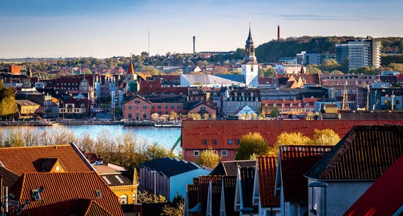 View of central Aalborg and waterfront, Denmark.