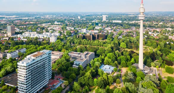 Photo of Florianturm or Florian Tower telecommunications tower and Westfalenpark in Dortmund.