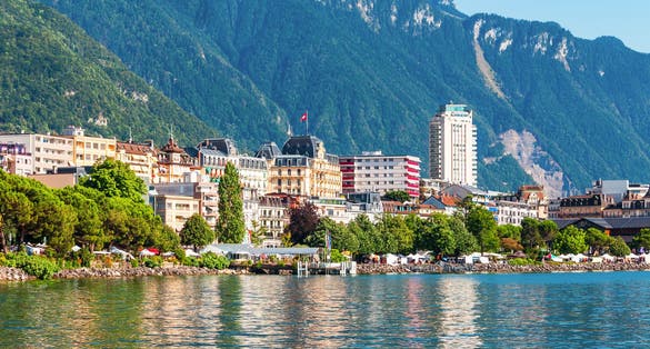 Montreux harbor with yachts and boats panoramic view. Montreux is a town on the Lake Geneva at the foot of the Alps in Switzerland.