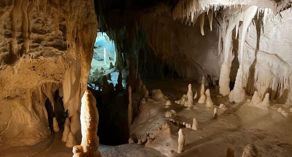 Grotte di Frasassi Karst Cave with Stalactites and Stalagmites in Genga, Marche, Italy. Limestone Formations, Natural Beauty Landscape.