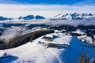 photo of an aerial view of ski station in Megeve (Megève) in Haute Savoie in French Alps of France.