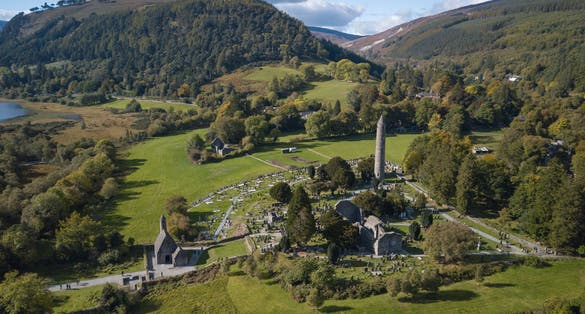 Glendalough monastic site aerial view. Co. Wicklow, Ireland. 