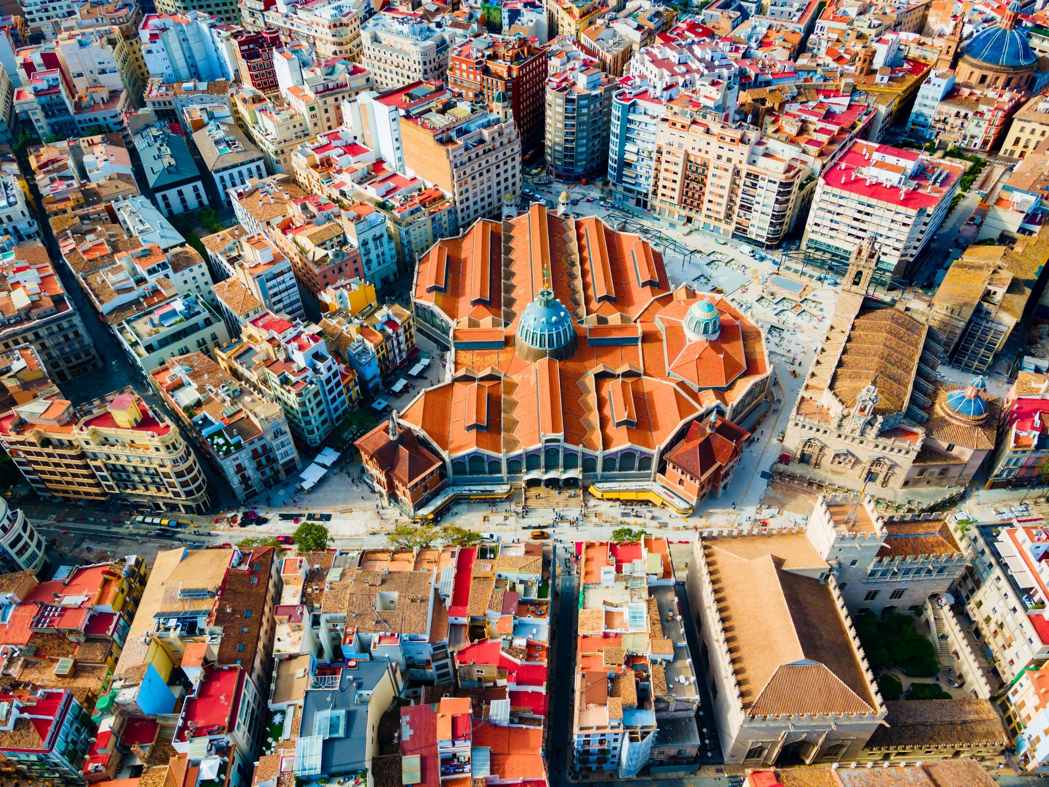 Photo of Mercado Central aerial panoramic view. Mercat Central is a public central market located in central Valencia, Spain.