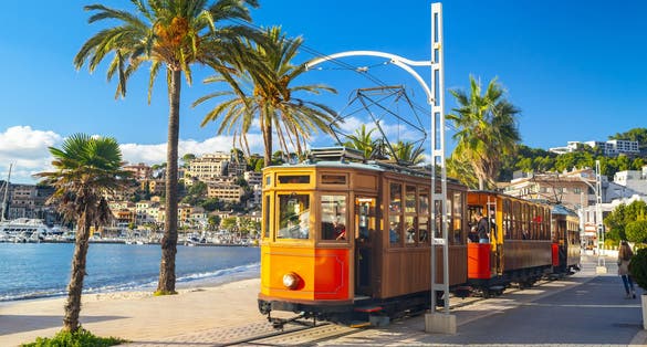 The famous orange tram runs from Soller to Port de Soller, Mallorca, Spain