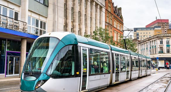 Photo of City tram at Old Market Square in Nottingham - England, UK.