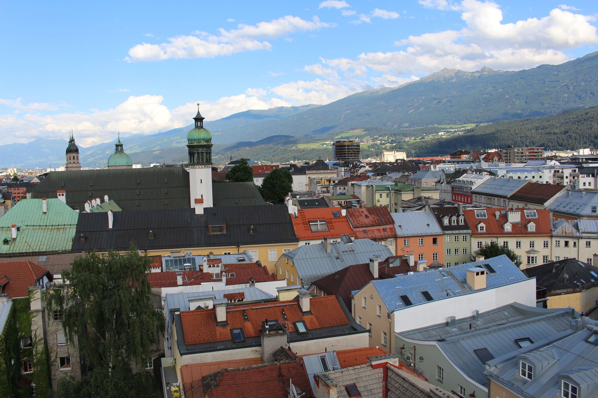 photo of view of Innsbruck. Aerial view of Innsbruck from the Stadtturm, Innsbruck, Austria.