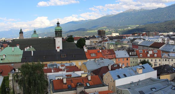 photo of view of Innsbruck. Aerial view of Innsbruck from the Stadtturm, Innsbruck, Austria.