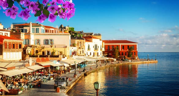 Photo of bay of Chania at sunny summer day, Crete Greece.