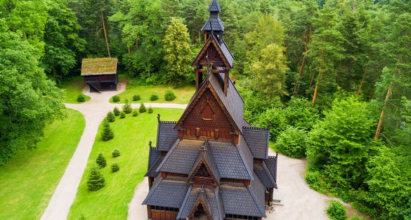 Photo of Reconstructed wooden Gol Stave Church (Gol Stavkyrkje) in Norwegian Museum of Cultural History at Bygdoy peninsula in Oslo, Norway.