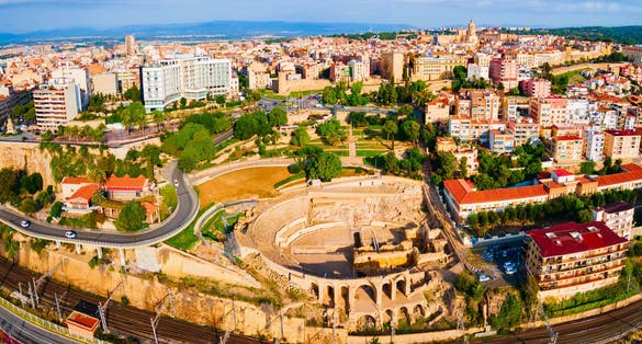 Photo of Tarragona Amphitheatre aerial panoramic view. Tarragona Amphitheatre is a Roman amphitheatre in the city of Tarragona in the Catalonia region of Spain.