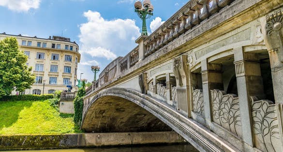 A view underneath the side of the Dragon bridge in Ljubljana, Slovenia in summertime