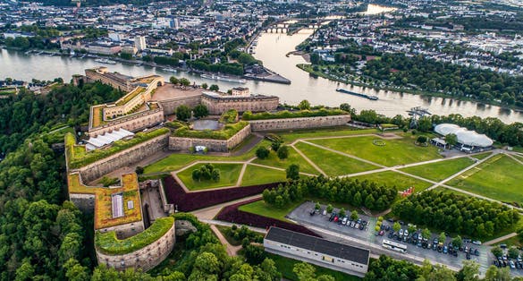 photo of view of Aerial View of Ehrenbreitstein fortress and Koblenz City in Germany during sunset