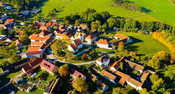 Scenic aerial view of typical Czech village of Cakov in autumn, Ceske Budejovice district