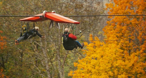 Zipline atraction and Thick colourful forest in autumn season in Gauja National Park, Sigulda, Latvia.