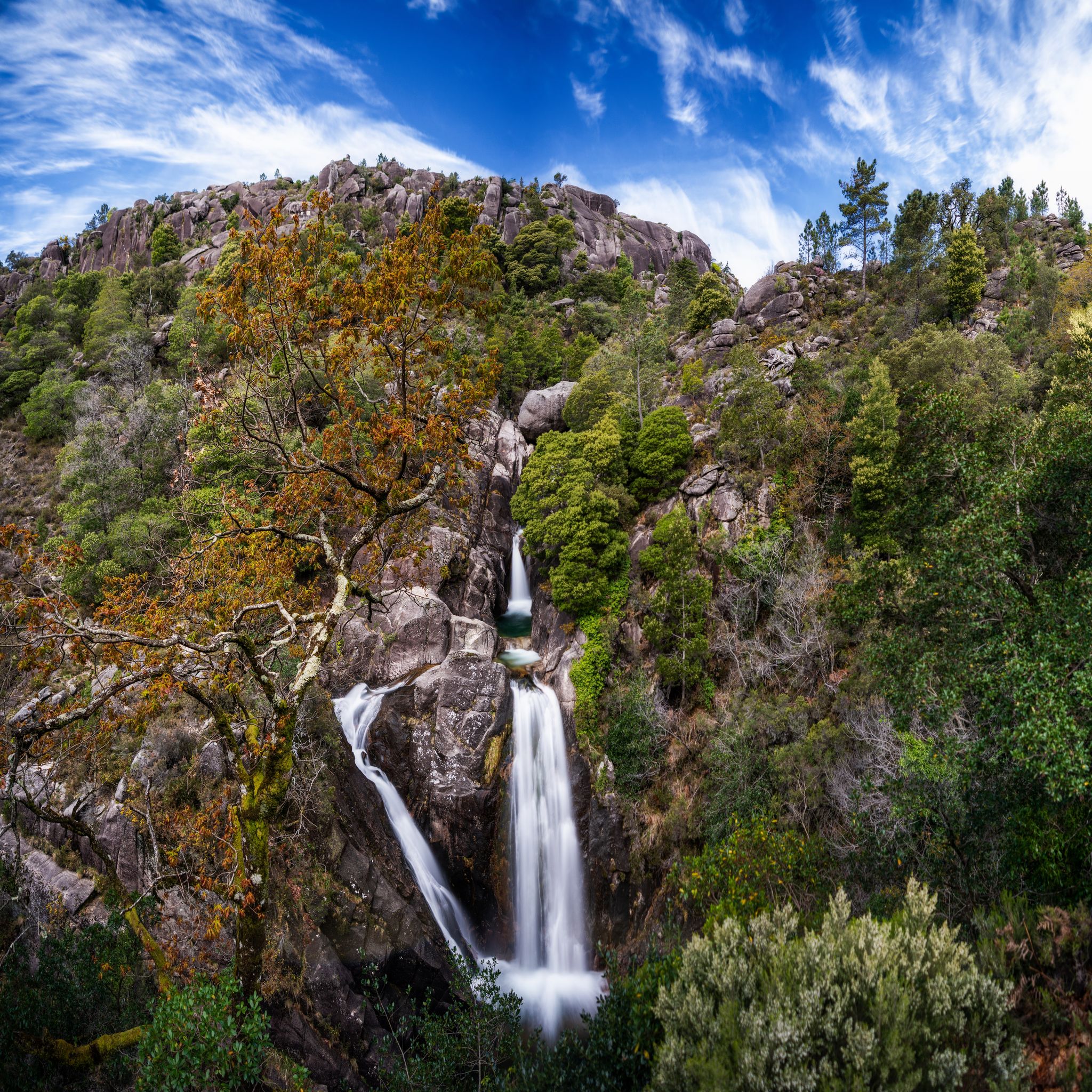 A view of the Cascata do Arado waterfalls in the Peneda-Geres National Park in Portugal