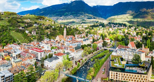Merano city centre aerial panoramic view. Merano or Meran is a town in South Tyrol in northern Italy.